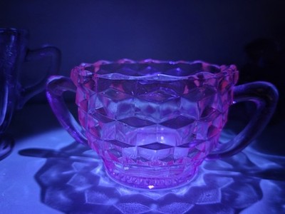 Vintage Pink Depression Glass Handled Sugar Bowl Cube Block Pattern UV Reactive