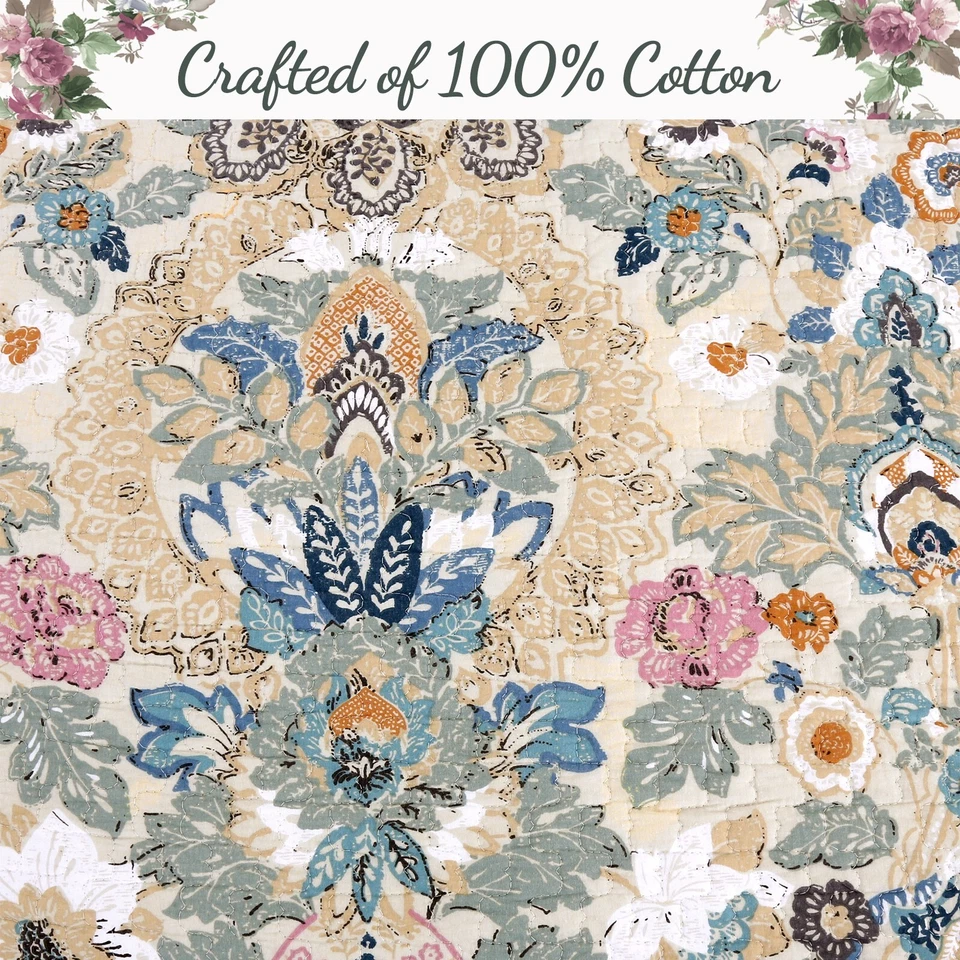 Pylle Hill Floral Reversível 100% Algodão 3 Peças Conjunto de Colcha, Colcha, Cobertor - Imagem 4 de 4