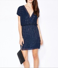 Mango Navy Blue Crystal Beaded Wrap Style Open Back Dress