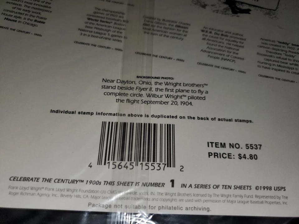 Vintage  1900s Celebrate the Century No. 1 of 10  U.S Postal Service 1998 sealed - Image 4 of 4