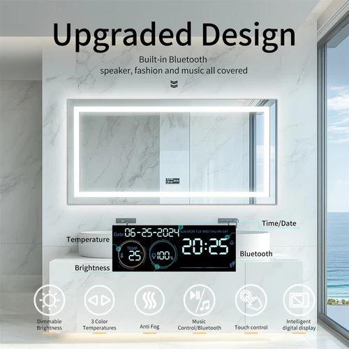 Smart Bathroom Mirror w/ Bluetooth Dual LED Strips Anti-Fog Dimmable Lighting