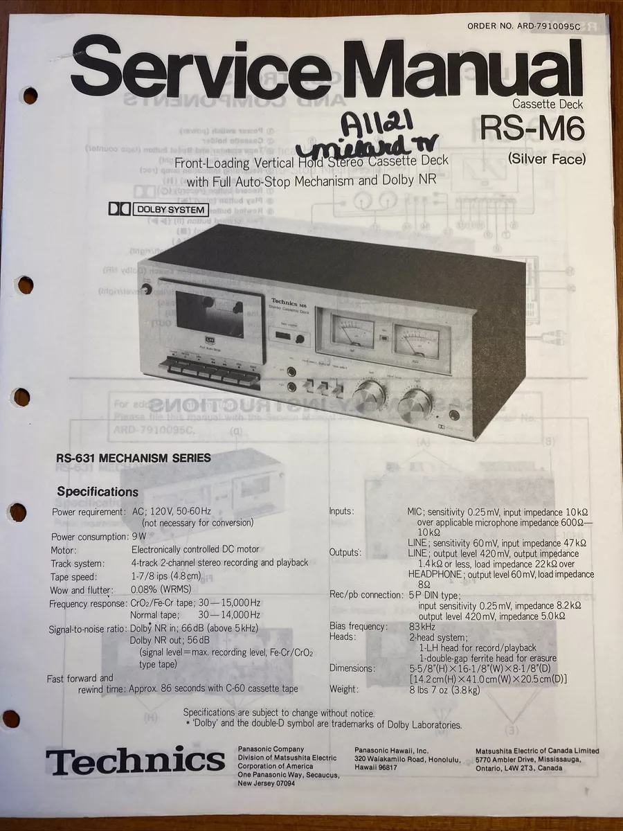 TECHNICS BY PANASONIC RS-M6 FRONT LOADING VERTICAL HOLD CASSETTE DECK MANUAL