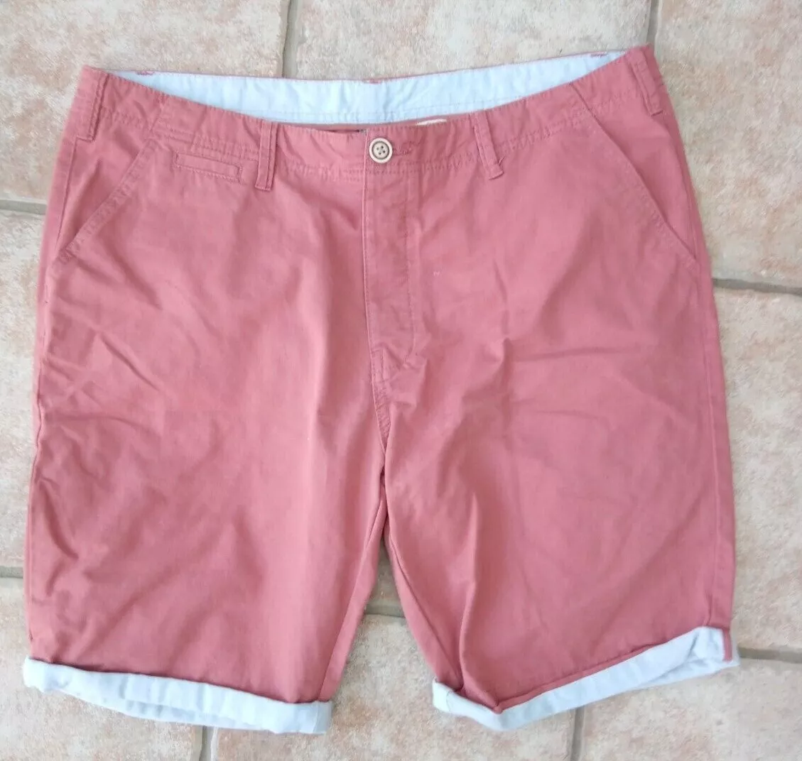 Primark Mens Slim Fit Dark Salmon Cotton Shorts with Blue Turn Up UK Size 38