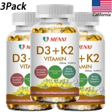 3Pack Caps Vitamin K2 (MK7) with D3 10000IU, BioPerine Capsules, Immune Health