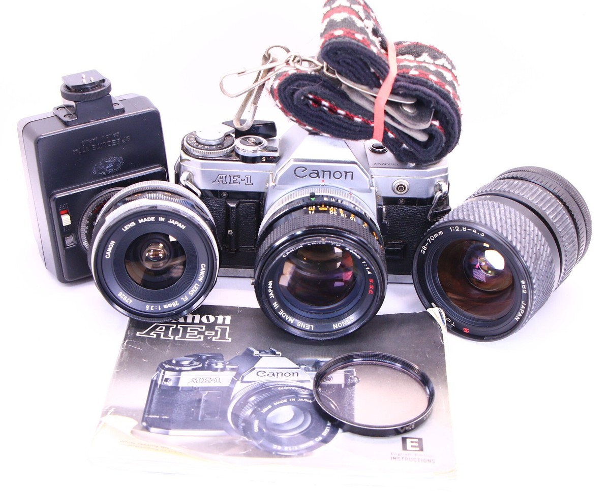 CANON AE-1 film camera LOT Flash 3 Lens FD FL 28/3.5 50/1.4