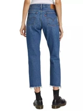 Women 25x26 Levis Premium 501 Cropped Straight Button Fly Jeans Raw Hem Blue