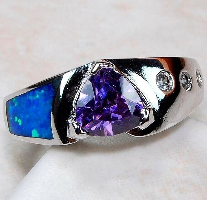 1CT Amethyst and Australian Opal Inlay Topaz Sterling Silver Ring Size 8 BA4