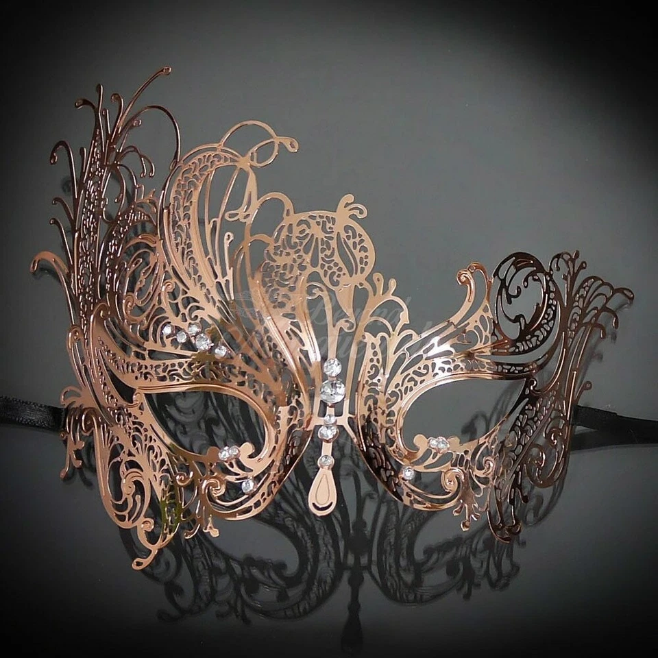 Couple's Filigree Metal Masks | Graceful Masquerade Masks Rose Gold - Image 3 of 4