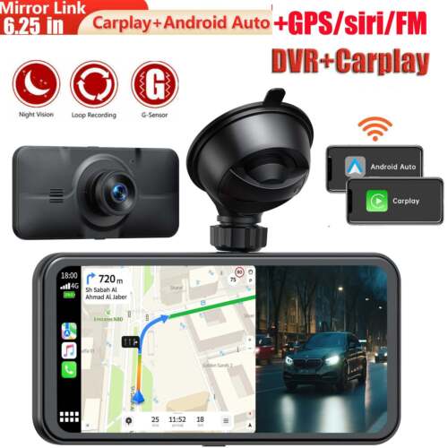 6.25" Portable Car Stereo Radio Wireless Apple Carplay/Android Auto 4K Dash Cam - Picture 1 of 8