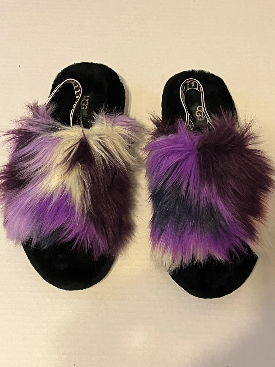 Ugg Women s Fluffy Purple Black Furry Wool Sandals Slippers