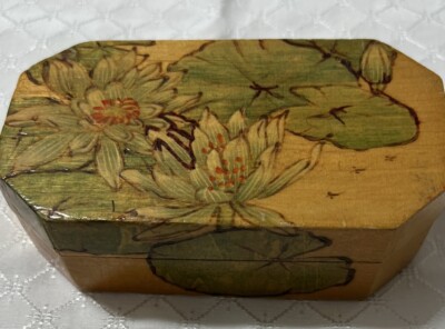 Pyrography Lotus Lotus Chinese People's Republic of China Wood Trinket Jewelry Box ...
