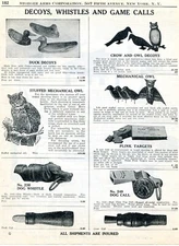 1939 Print Ad of Duck Crow Owl Decoys, Dog Calls & Whistle, Mechanical Owl