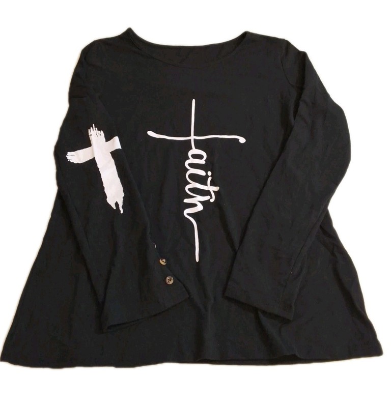 Women Black Faith Long Sleeve Shirt Cross On Arm Size Medium 