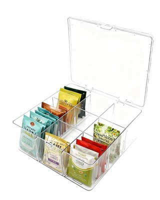 Acrylic Tea Bag Organizer with Lid, 9-Grid Clear Storage Box with Removable D...