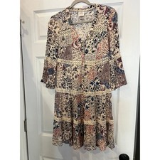 Knox Rose Mini Dress Rayon Crinkle Floral Paisley Patchwork Boho Bell Sleeve XS