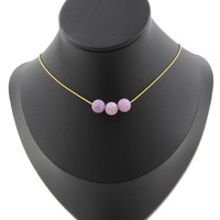 Halskette 3 Perlen Glimmer Violett Matt 8 Mm. Kette Stahl Golden Edelstahl