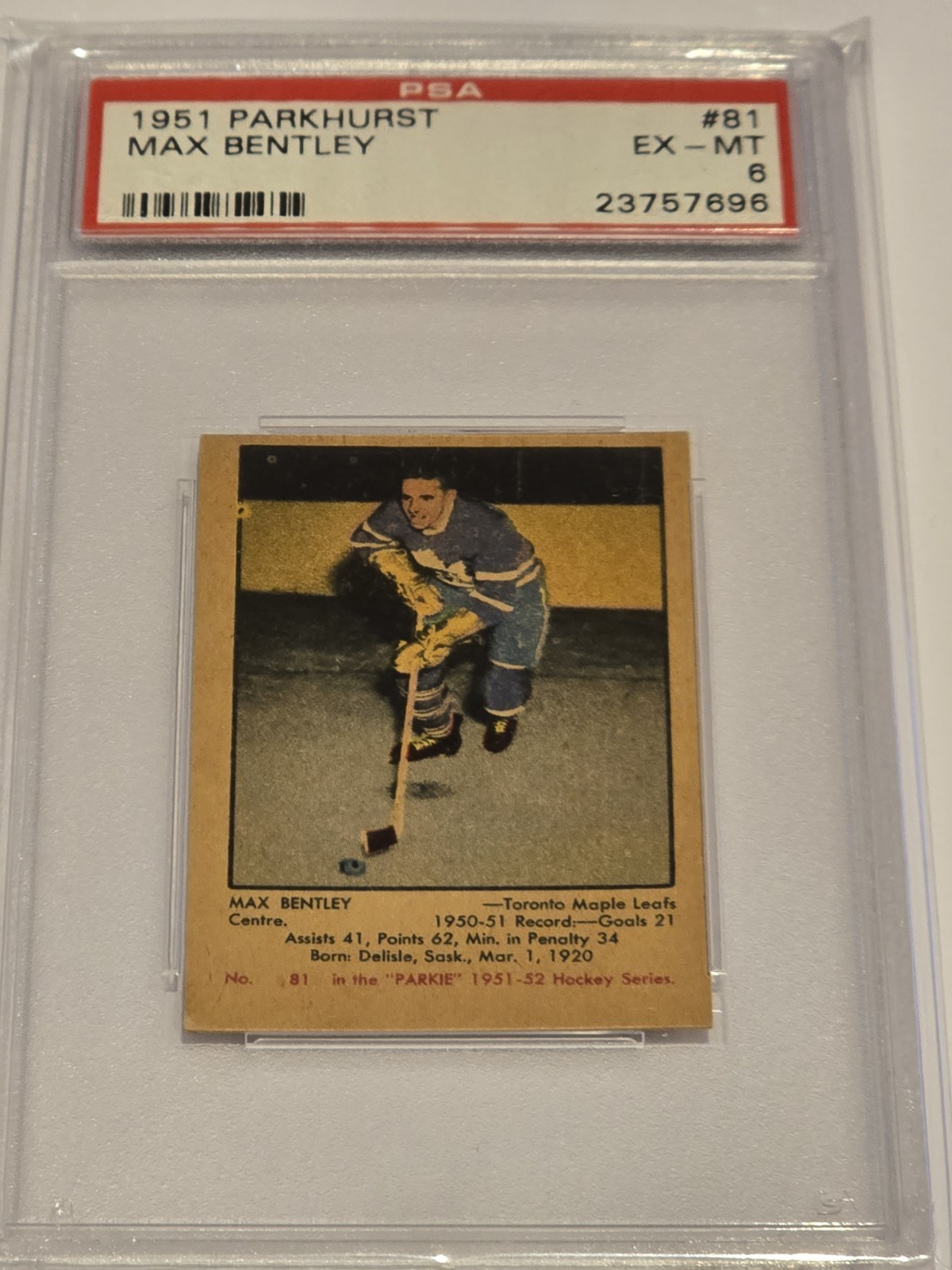 1951 Parkhurst #81 Max Bentley HOF Rookie RC PSA 6 NHL TOP 100 Hart Trophy RARE
