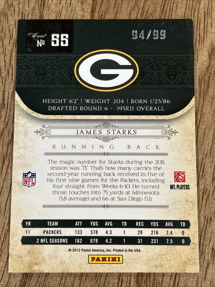 2011 National Treasures James Starks #55 Numbered 94 of 99 Green Bay Packers - Image 2 of 2