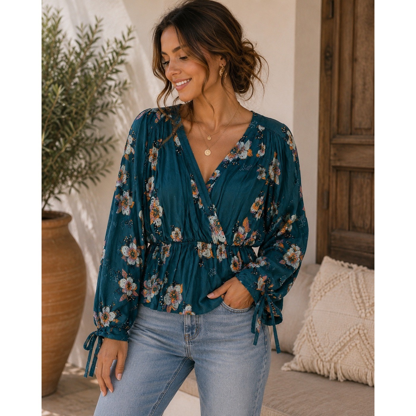 Free People Teal Floral Surplice Wrap Blouse Elastic Waist Tie Cuff Top Medium