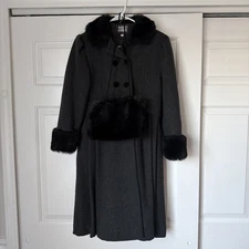 Vintage Girls Rothschild Pea Coat Wool Size 10 Black With Muff And Faux Fur Trim