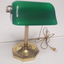 Vintage Bankers Desk Lamp Emerald Green Glass Shade and Gold, Works! 