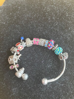 IBB Open Cuff Moments Bangle Bracelet with Pandora charms sterling silver 925