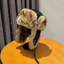 Men RussianFaux Leather Fur Hat Aviator Trapp...
