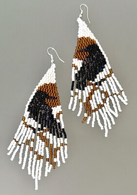 Hand Beaded Amber Black Raven Crow on Branch Seed Bead Tasseled Dangle Earrings