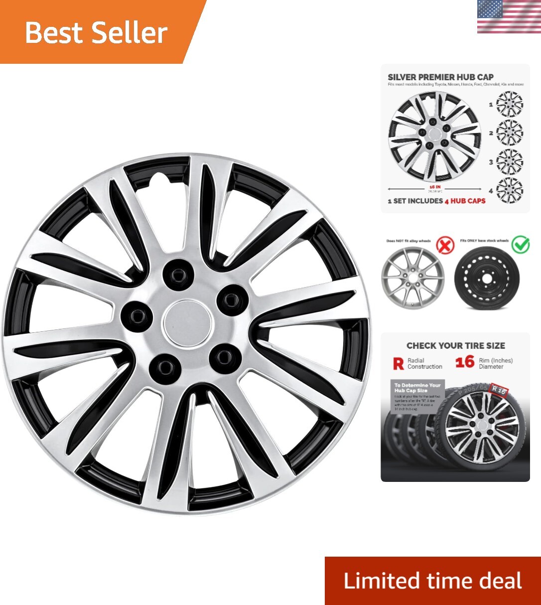 Universal 16-Inch Silver ABS Wheel Covers Set of 4 for Most Cars