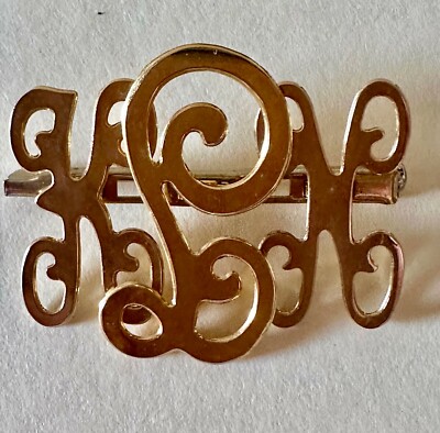 Monogram Brooch Shiny Gold Tone Scrollwork ''L'' Safety Clasp 1 / 3/4'' Width Vtg.