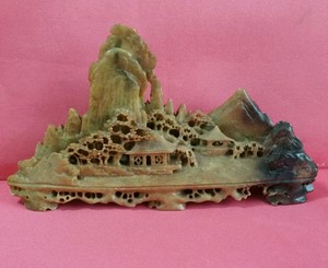 Antique Chinese Hand Carved Soapstone Moutainscape Pine Trees & gazebo 7 "Long