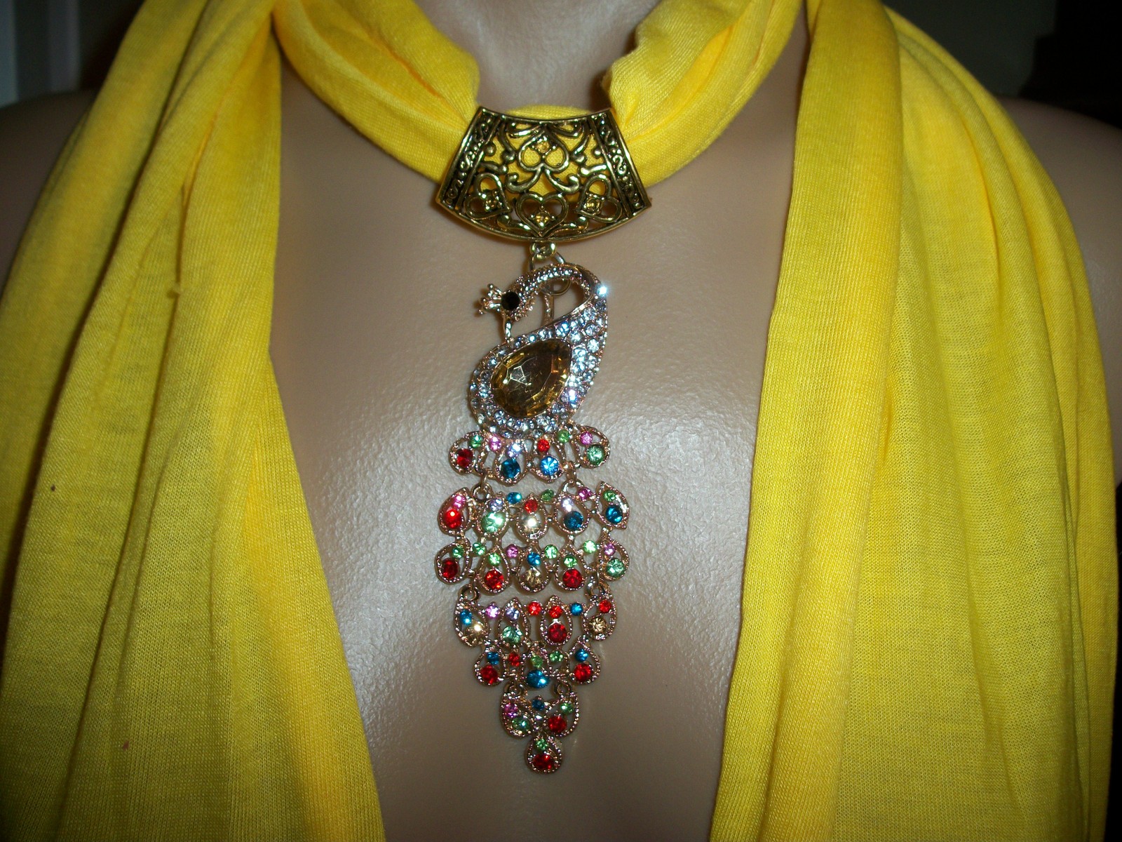 Multicolor Peacock Crystal Rhinestone Necklace with Gold Chain - Scarf Pendant Jewelry