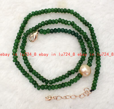 Pretty 2x4mm Faceted Rondelle Green Jade&9-10mm Pink Freshwater Pearl Necklace