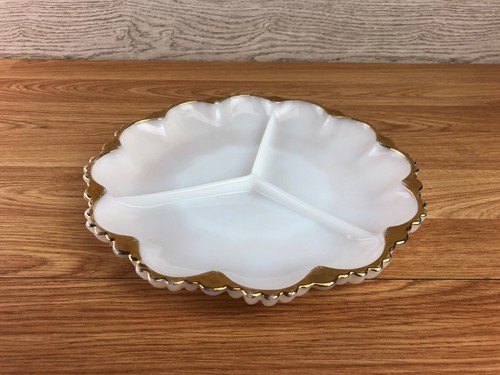 Vintage Anchor Hocking Milk Glass Divided Serving Plate Gilt Edge