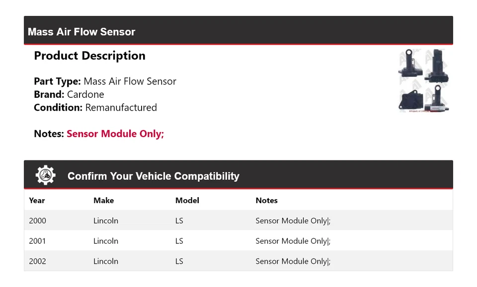 Sensor de flujo de aire masivo Cardone 2001 para Lincoln LS 2000-2002 Foto 2 de 4