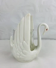 Vintage Plastic White Swan Mini Planter Vase Candle Holder 6.25” Bathroom Decor