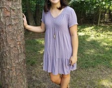 Knox Rose Womens Purple Textured Tiered Shirt Dress Size S V-Neck Short Sleeve