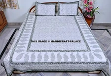 Indian Queen Bedspread Cotton Floral White Bed sheet Bedcover With 2 Pillow Art