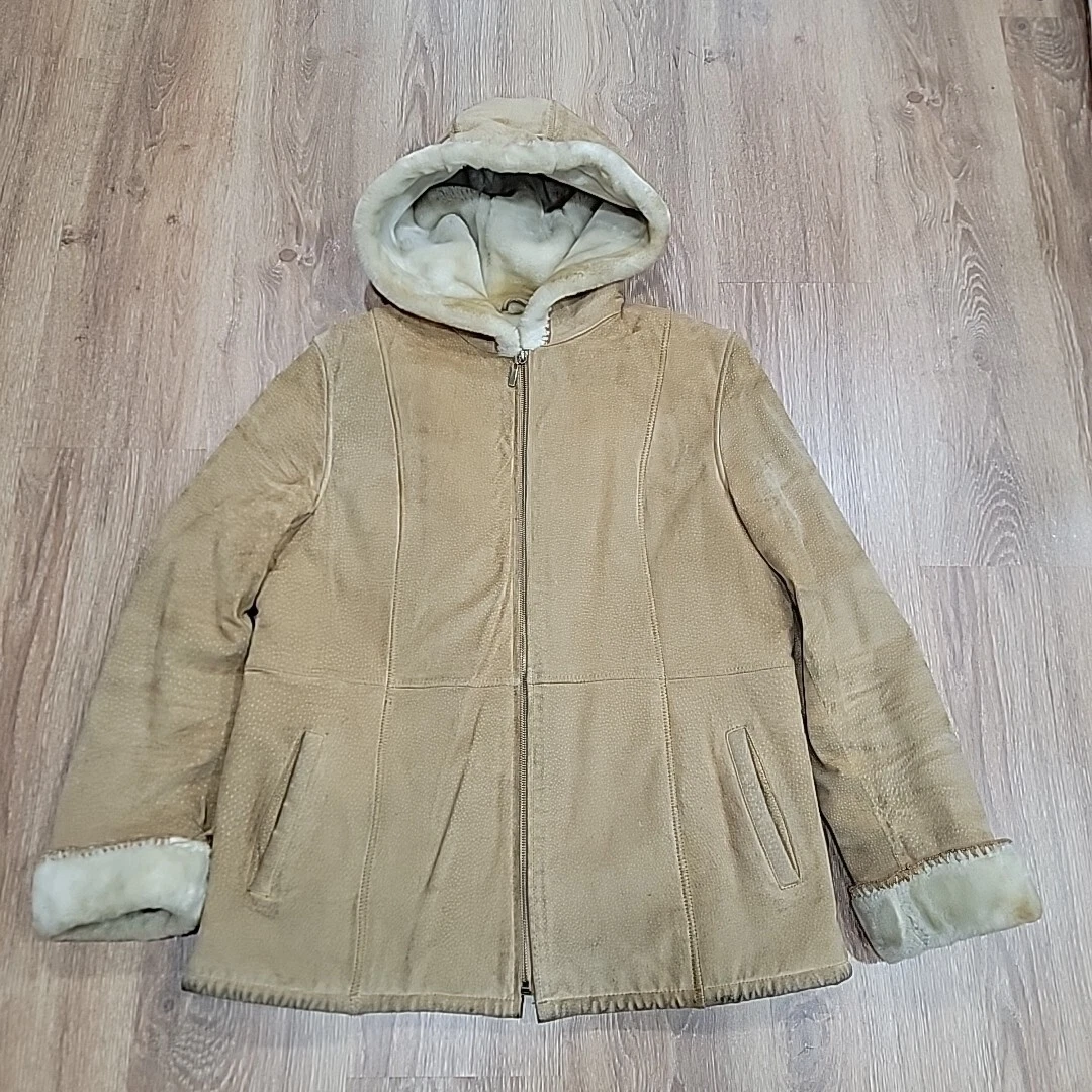 Vtg Suede Leather Jacket Coat Faux Fur Lined Full-Zip Hooded