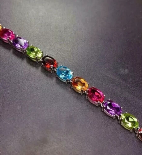 6Ct Oval Lab Created Multi Color Gemstones Tennis Bracelet 14K White Gold Plated - Picture 5 of 7