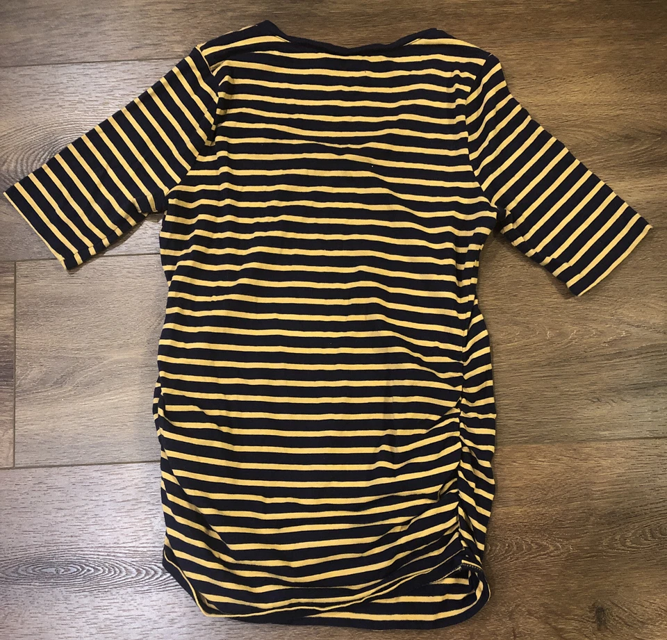 Motherhood Shirt Small Maternity Navy Blue /Mustard Yellow Striped Short Sleeve - Image 2 of 4