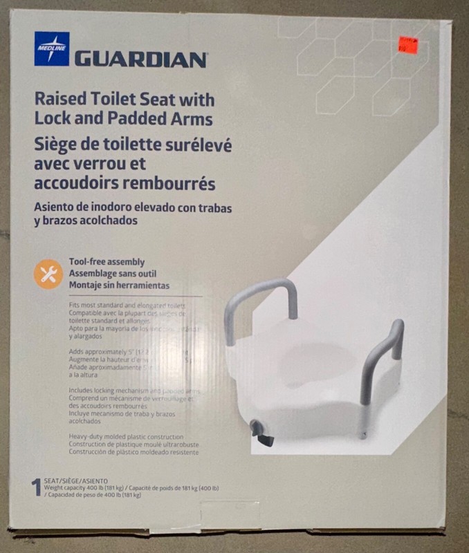 Medline Guardian 5" Raised Locking Toilet Seat, w/Arms 400 lb. Capacity