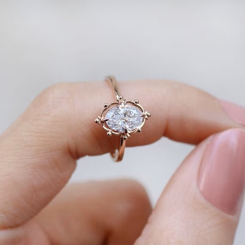 Unique Bezel Set Oval Moissanite Engagement Ring Dainty Wedding Rose Gold Over - Picture 5 of 5