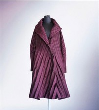 Issey Miyake Bordeaux Women's Pleated Long Coat, Free Size