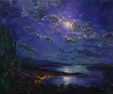 Moon sky cloud painting IMPRESSIONISM original art Oil on canvas by A Onipchenko