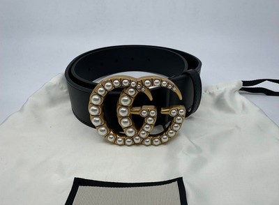 GG BlackGUCCI Leather Belt Pearl Gold Buckle