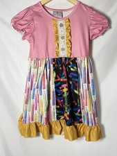 Ruffle Girl Dress Pink Colorful Crayons Pencil Dress Buttons School XL 5-6