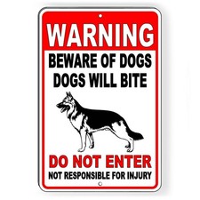Warning Beware Of Dogs Will Bite Do Not Enter German Shepherd Sign or Decal BD39