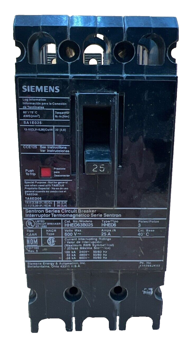 Siemens HHED63B025 Circuit Breaker 25A 3P 600V 3PH Bolt on 25 Amp Used