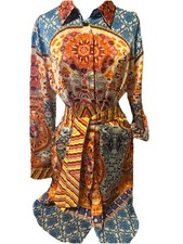 KAS Designs Shirt Dress Tunic Size M Women's Roll Tab Sleeve Belted Silky